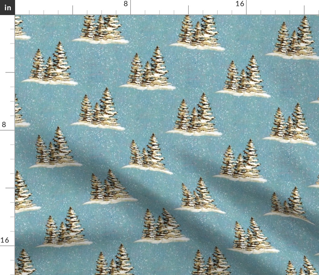 6” repeat hand drawn fir trees with snow on faux woven texture,  snow scene on dusky blue background