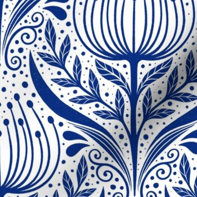 Serene floral garden dark blue and white background - home decor - wallpaper - curtains- bedding - whimsical - metallic wallpaper.