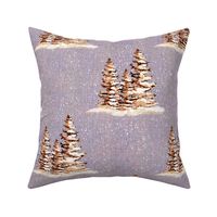 12” repeat hand drawn fir trees with snow on faux woven texture,  snow scene on dusky violet background