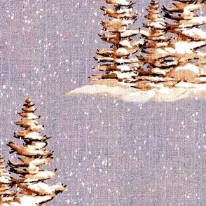 12” repeat hand drawn fir trees with snow on faux woven texture,  snow scene on dusky violet background