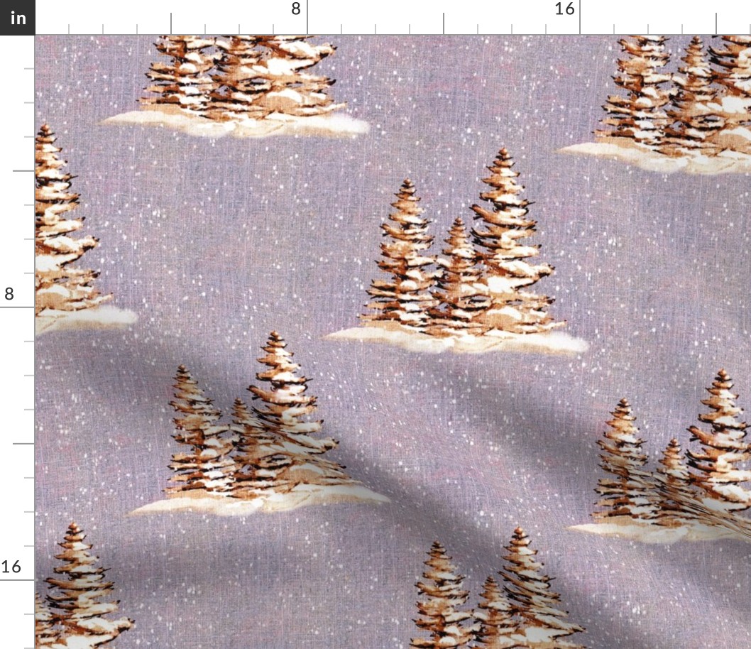 12” repeat hand drawn fir trees with snow on faux woven texture,  snow scene on dusky violet background