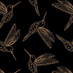 Seamless Pattern of Golden Hummingbirds on a Black Background