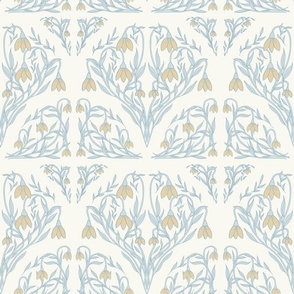 Art Decor Floral Pattern in Soft Blue, Mustard Yellow, and Ivory.