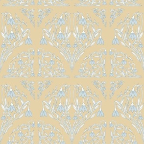 Art Decor Floral Pattern in Soft Blue and White, and Mustard Yellow.