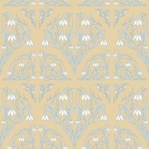 Art Decor Floral Pattern in Soft Blue and White, and Mustard Yellow.