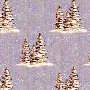 6” repeat hand drawn fir trees with snow on faux woven texture,  snow scene on dusky violet background