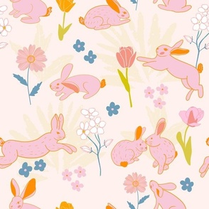 Bunnies and tulips , spring design, garden blooms / pink, orange, tile/ peach background / Seasonal Easter fabric, children  home decor