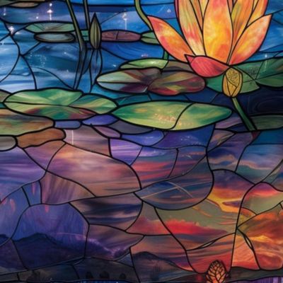 Stained Glass Magic Lotus Lake at Sunset with Flowers Fantasy Scene