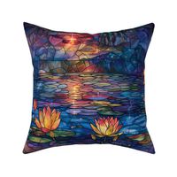 Stained Glass Magic Lotus Lake at Sunset with Flowers Fantasy Scene