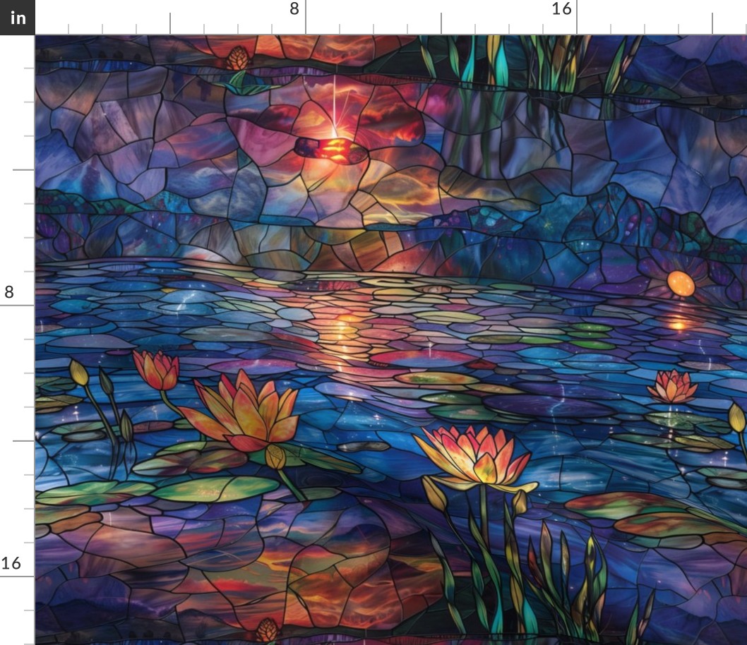 Stained Glass Magic Lotus Lake at Sunset with Flowers Fantasy Scene