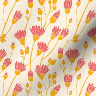 Floral Meadow of Daisies in Bright Coral Pink and Cream | Small (6 inch repeat) | Modern Victorian Cottage