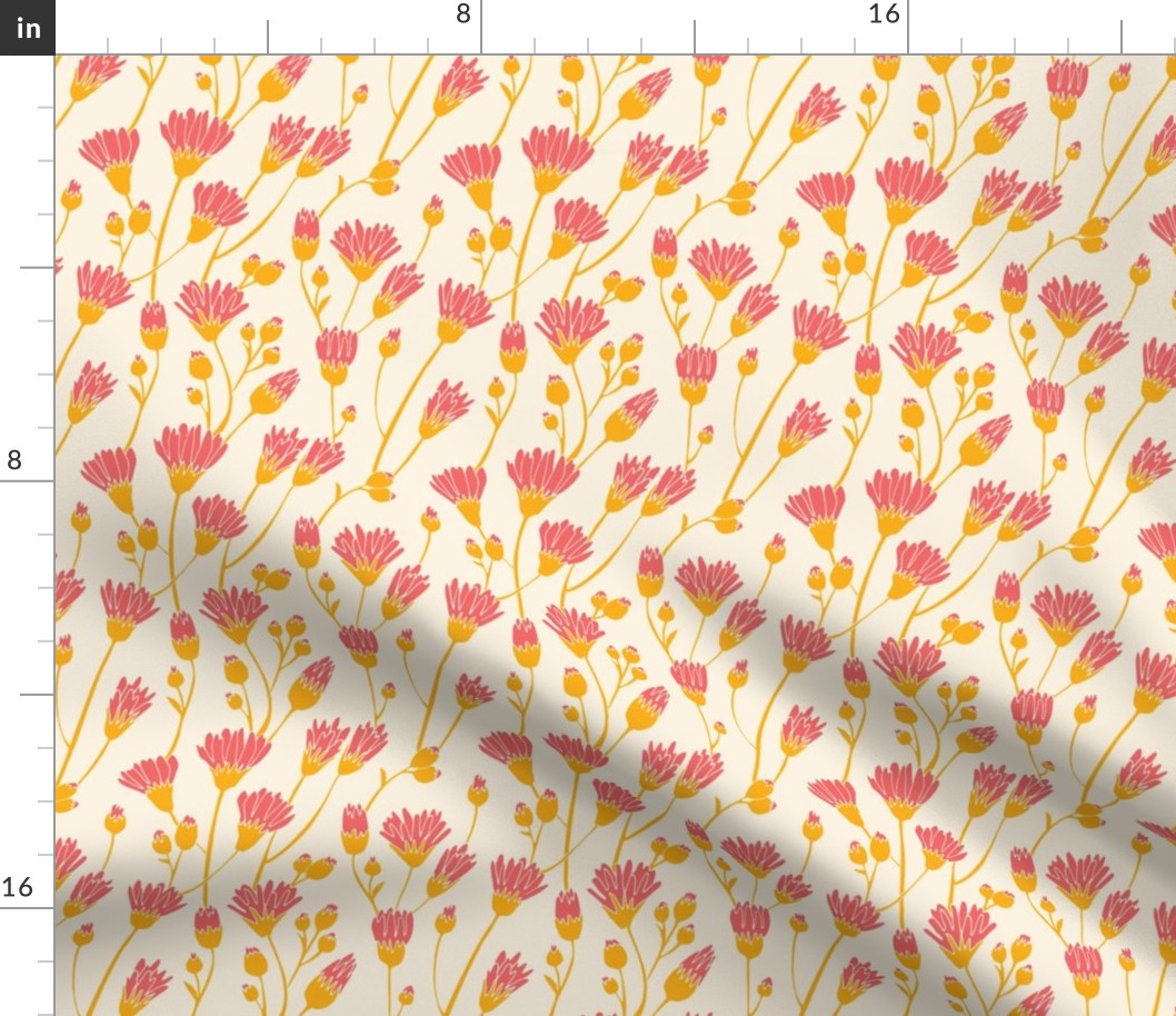 Floral Meadow of Daisies in Bright Coral Pink and Cream | Small (6 inch repeat) | Modern Victorian Cottage