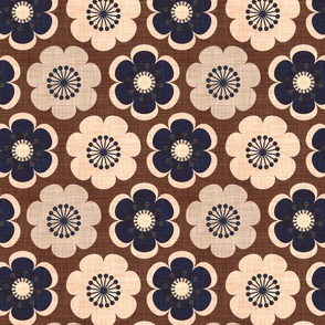 warm retro hippie 70s' 60's flowers in denim indigo blue and marron brown on linen texture. inspired by painted vintage jeans (s) 
