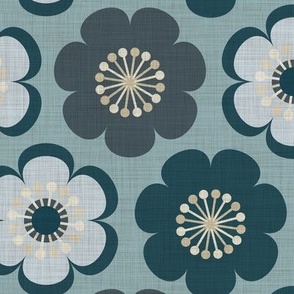 retro hippy 70s' 60's flowers in denim indigo washed blue hues, on sky blue. inspired by painted vintage jeans (s) (No texture)