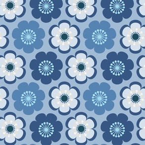 retro hippy 70s' flowers in denim indigo washed blue hues, on sky blue. inspired by painted vintage jeans (s) (No texture)