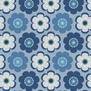 retro hippy 70s' flowers in denim indigo washed blue hues, on dusty blue on burlap texture. inspired by painted vintage jeans