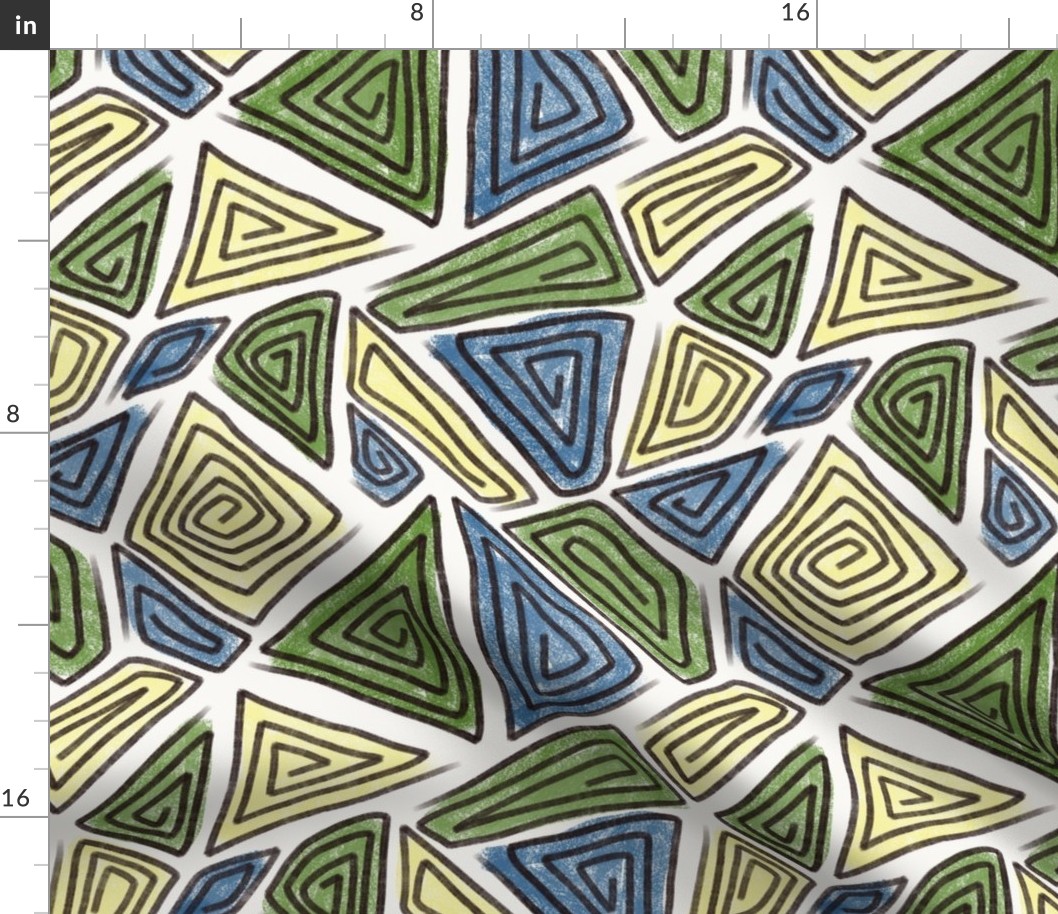 modern abstract geometric swirls, navy blue, lime green, yellow, white, large scale, bohemian, boho, tribal, hand drawn