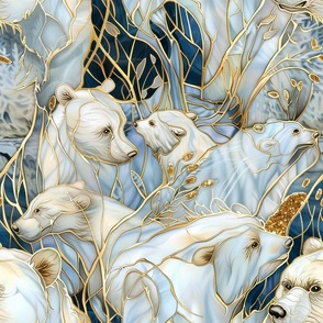 Stained Glass Watercolor Polar Bears in the Winter Snow