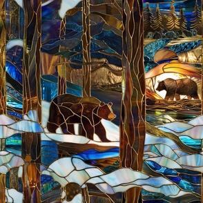 Stained Glass Woodland Bears at Winter in the Snow Tree Forest