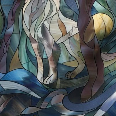 Stained Glass Watercolor White Wolves Howling at the Moon