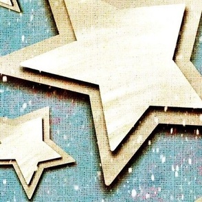 Large 24” repeat 3D layered gold silver stars with faux woven texture on dusky blue background with snow