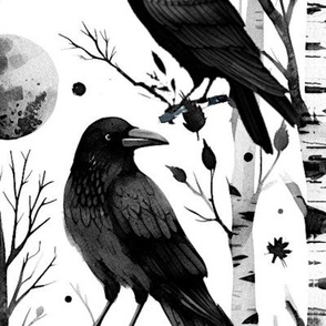 Ravens And Birch Trees Monochromatic