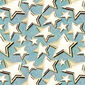 Small 6” repeat 3D layered gold silver stars with faux woven texture on dusky blue background with snow