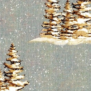 12” repeat hand drawn fir trees with snow on faux woven texture,  snow scene on dusky grey background