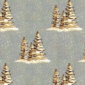 6” repeat hand drawn fir trees with snow on faux woven texture,  snow scene on dusky grey background