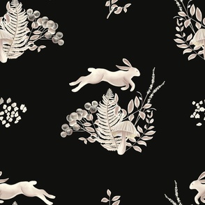 Leaping Woodland Hare in Cream and Charcoal Black