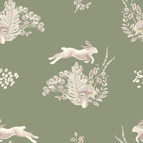 Leaping Woodland Hare in Beige and Sage Green Nursery Kids