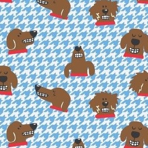 houndstooth with smiling brown hounds on blue