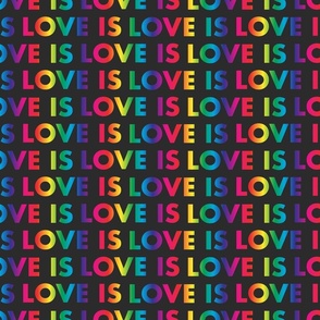 M. LOVE IS LOVE rainbow text on dark grey, medium scale