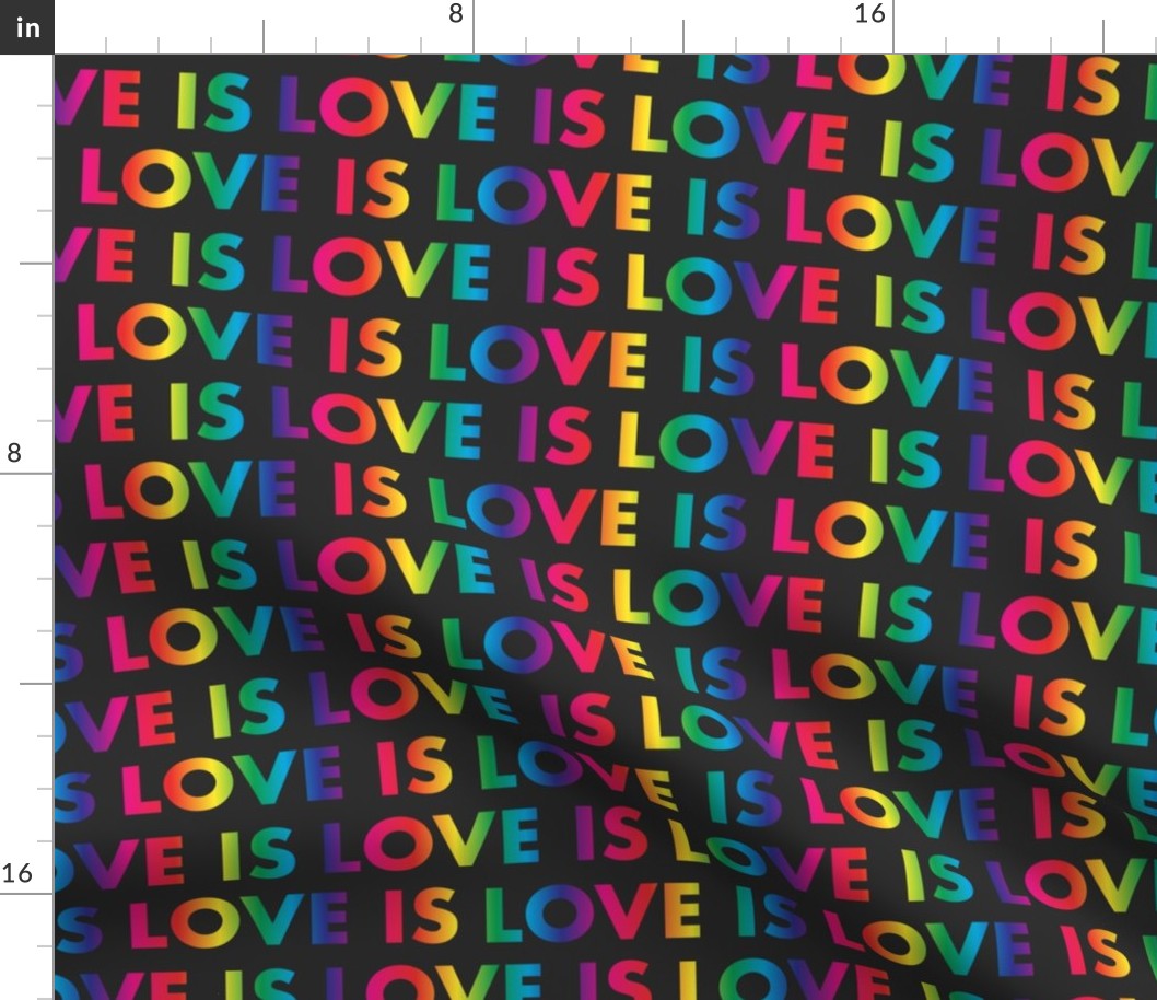 M. LOVE IS LOVE rainbow text on dark grey, medium scale