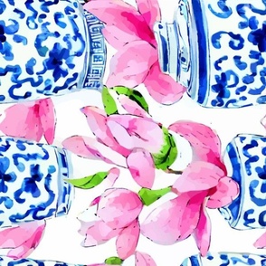 Blue and white chinoiserie jars and magnolia flowers horizontal direction