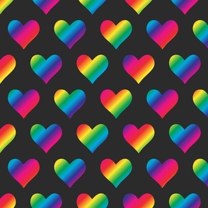 M. Rainbow colored hearts on dark grey, medium scale