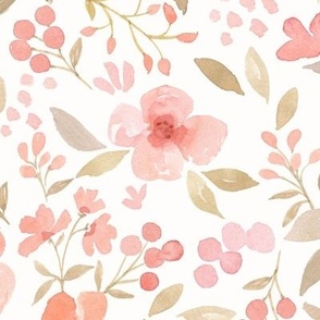 Handpainted watercolor blush peach floral with ecru leaves, medium scale