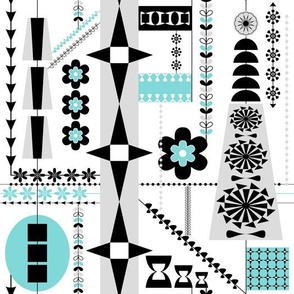 MidMod Atomic Age Shapes // Aqua Blue, Gray, Black and White // Medium Scale - 343 DPI