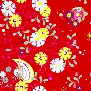 Small-scale floral and paisley scatter pattern  of daisy flowers in lemon and white with purple, grey green  and magenta accents on red