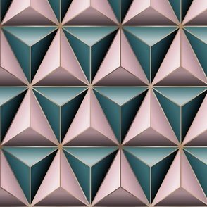 (LG) Art Deco Teal Pink Gold Black Triangle Geometric Polyhedron 3D Simulated