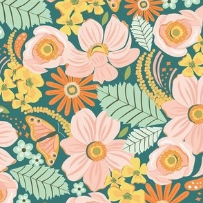 Floral Garden (green) MEDIUM / Fall / Vintage / Retro / Butterfly / Cottagecore

