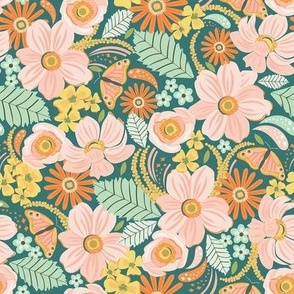 Floral Garden (green) SMALL/ Fall / Vintage / Retro / Butterfly / Cottagecore

