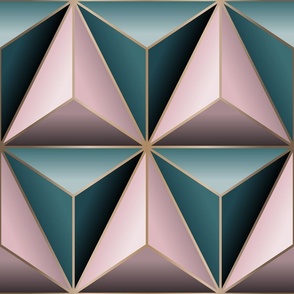 (XL) Art Deco Teal Pink Gold Black Triangle Geometric Polyhedron 3D Simulated