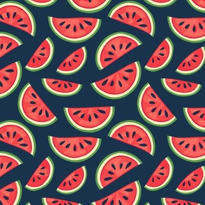 Midnight Feast: Watermelon Slices on Navy Blue