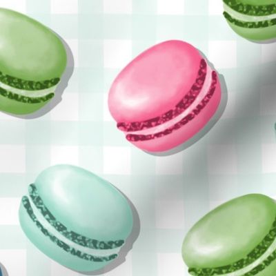(M) Sweet Macaron Treats Multi Color in Teal Plaid Background