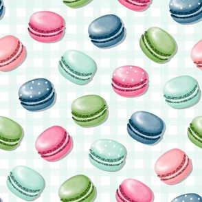 (M) Sweet Macaron Treats Multi Color in Teal Plaid Background