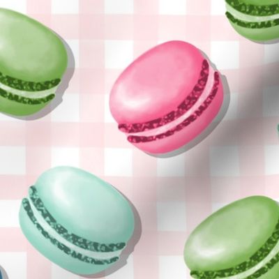 (M) Sweet Macaron Treats Multi Color in Coral Pink Plaid Background