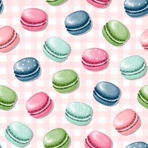 (M) Sweet Macaron Treats Multi Color in Coral Pink Plaid Background