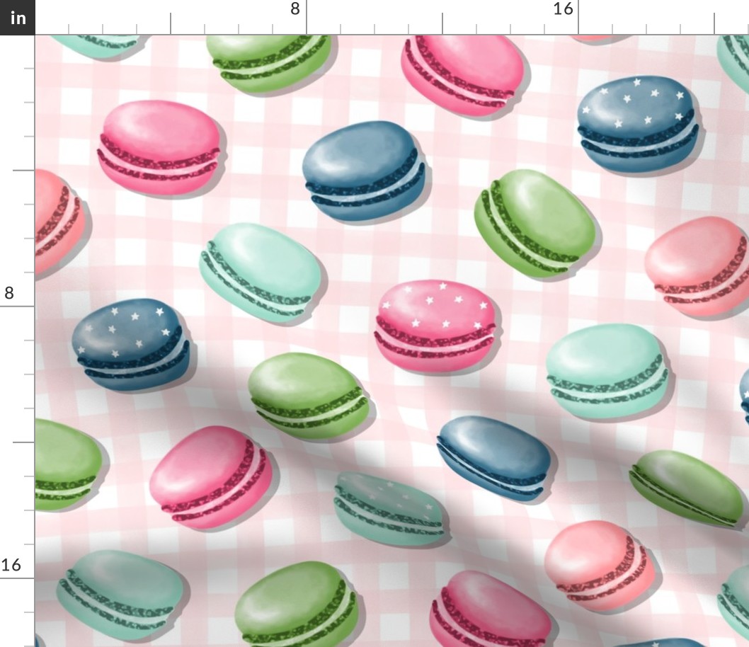 (M) Sweet Macaron Treats Multi Color in Coral Pink Plaid Background