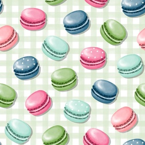 (M) Sweet Macaron Treats Multi Color in Green Plaid Background